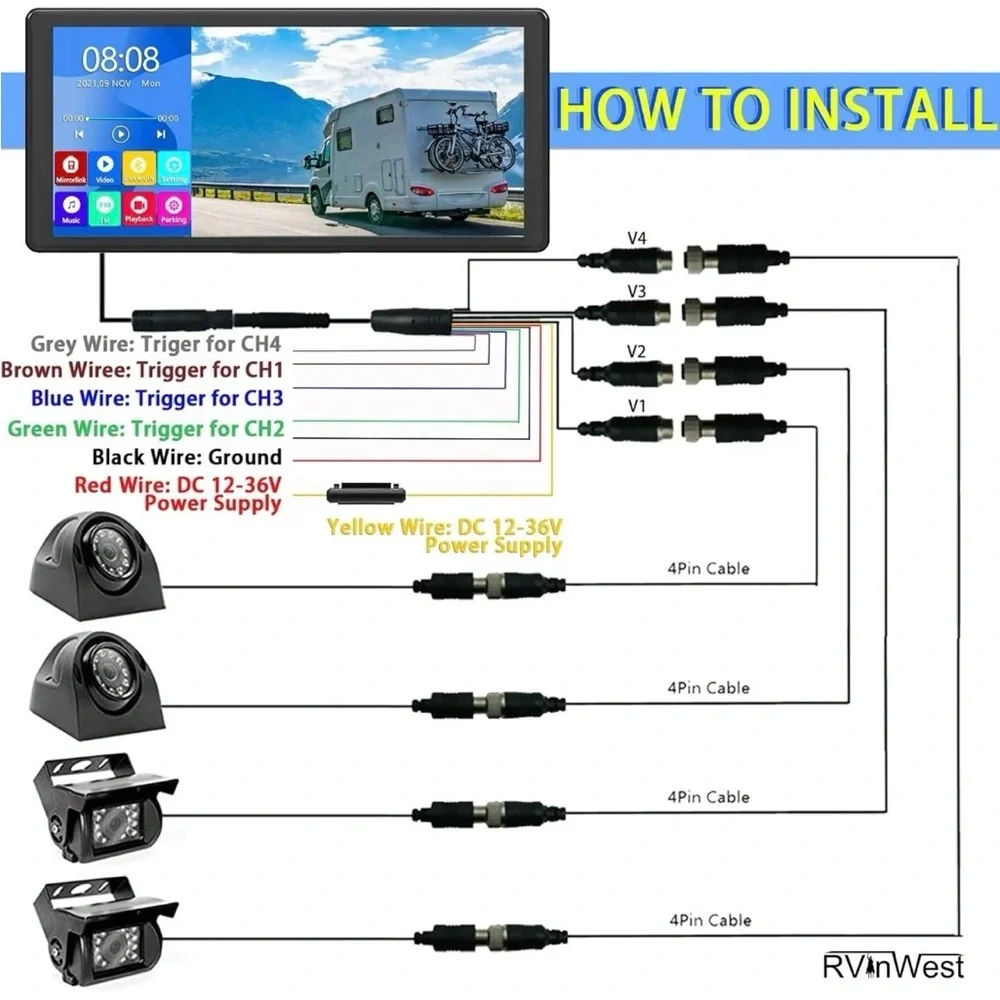 🔥 4K RV & Truck Backup Camera 10.36” Touch Monitor 4-Cam Split DVR Night Vision🔥